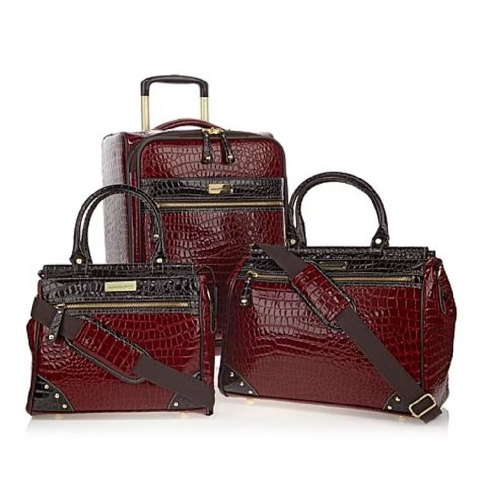 Samantha Brown 3 Pc Luggage Set Burgundy Croco 21" Exp Spinner Dowel Bags NWT